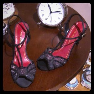 Black evening strapped short heels. Italian!